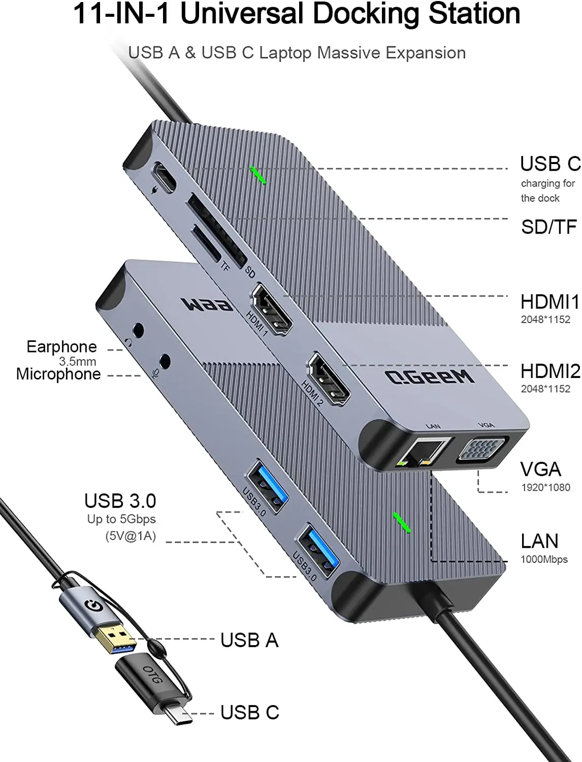QGeeM USB 3.0 Docking Station, - đánh giá và giá Laptop Accessories Hub
